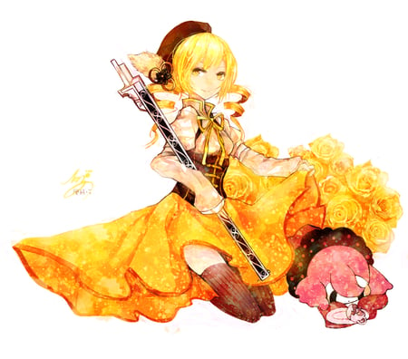 mahou shoujo madoka magica - blonde hair, key, yellow eyes, dress