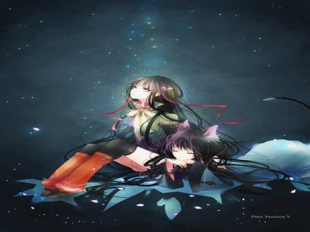 Look at star - firends, neko, night, two females, fantasy, star, alone, dark, together, pixiv fantasia, look