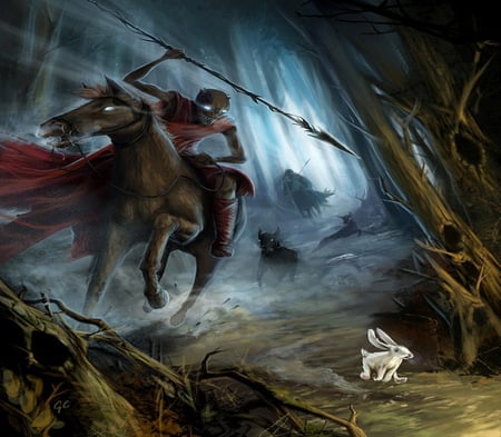 Rabbit on the run - abstract, rabbit, fantasy, horses, dogsnight, demons, forest, wallpaper