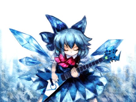 Cirno is playing guitar - anime, touhou, blue, cirno, girl