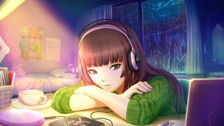 Kamizaki Risa - brown eyes, headphones, beautiful, rain, girl, cute, kamizaki risa, brown hair