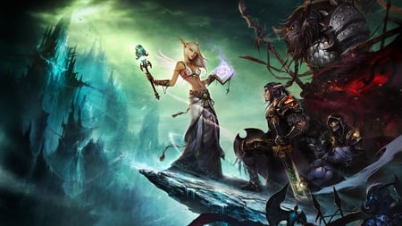 World of Warcraft - swords, black hair, book, sorceress, blonde hair, dark, world of warcraft, clouds, bangles, skeleton, cliffs, sunlight, warrior, long hair, horns, belt, green eyes, beasts, warcraft, armour, video games, weapons, scepter, dress