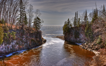 The river to the sea - river, trees, hills, water, forest, sky