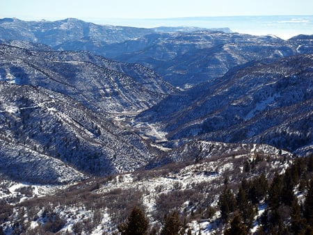 blue snowcap mountains - trees, hills, nature, rock, snow, mountains, sky