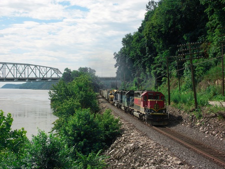 the long train - train, trees, hills, water, track, mountains, sky