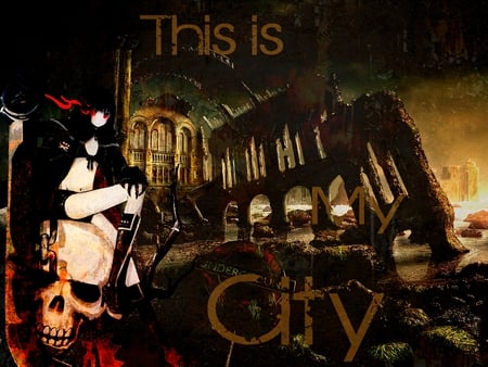 C-i-t-y - black, vocaloid, miku, shooter, rock, hatsune, city, ruins