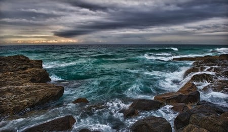 WAVES CRASHING - sky, ocean, clouds, sunset, stormy, crashing, waves