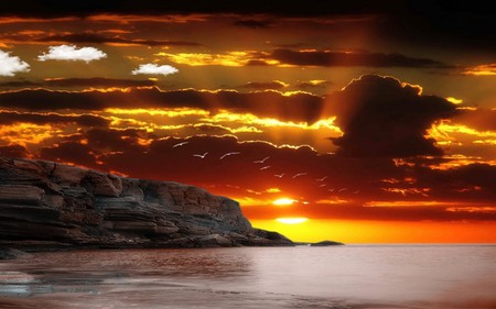 VELVET SKIES - ocean, clouds, skies, sunset, birds, cliffs