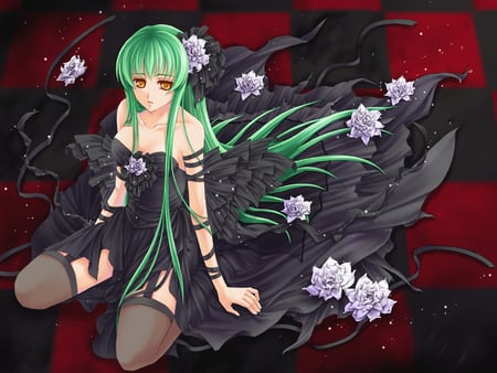 C.C of Gothic - black dress, c c, sexy, pretty, code geass lelouch of the rebellion, gothic, code geass, rose