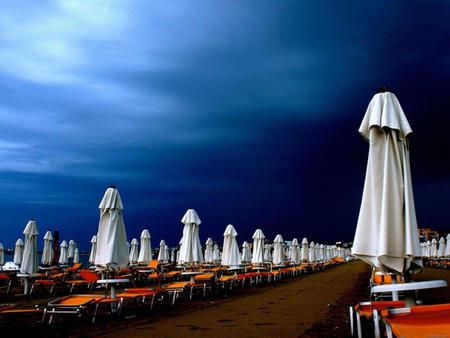 Before A Storm - umbrela, sky, beach, dark, before, storm