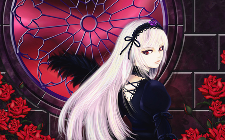 Darkness of Gothic - black, rose, beautiful, goth, white hair, anime girl, girl, rozen maiden, red, pink, gothic, window, anime, darkness, roses, suigintou, female, black wings