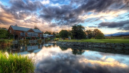 Reflection - beauty, sky, trees, peaceful, water, sunset, field, view, pretty, reflection, clouds, architecture, green, house, grass, houses, lake, landscape, lovely, nature, beautiful, splendor, colors