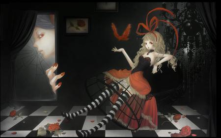 Alice - alice, roses, anime, red bird, small, gothic