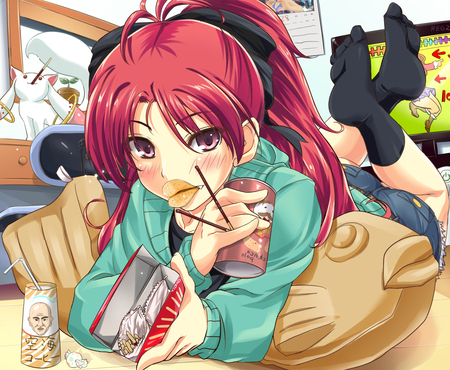 Snack Time - ponytail, food, sweets, red hair, mahou shoujo madoka magica, sakura kyouko, anime girl, beautiful, hot, beauty, kyuubee, red eyes, drink, pocky, cute, sexy, candy