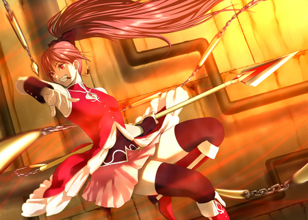 Sakura Kyouko - beauty, sakura kyouko, sexy, hot, thigh highs, chain, anime girl, red hair, red eyes, cool, spear, beautiful, weapon, awesome, cute, dress