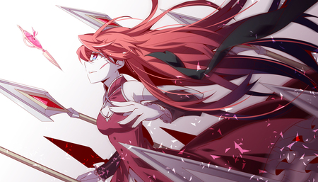 Sakura Kyouko - beauty, sakura kyouko, sexy, hot, red ahir, anime girl, spears, mahou shoujo madoka maginca, red eyes, spear, beautiful, weapon, cute