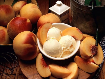 Peach ice cream - cream, desert, delicious, beautiful, food, table, peach, ice cream, ice