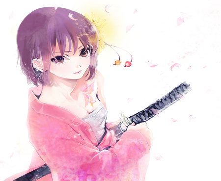 Girl Katana - sword, cherry blossom, pretty, tattoo, katana, female, anime girl