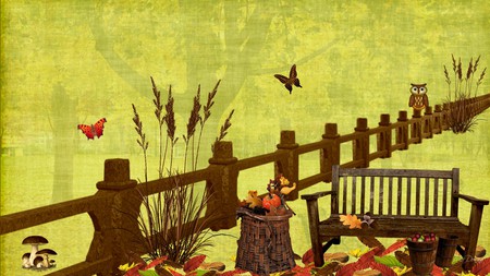 Look Forward to Autumn - mushrooms, autumn, fence, field, bench, apples, fall, bucket, leaves, owl, grass, firefox persona, butterflies