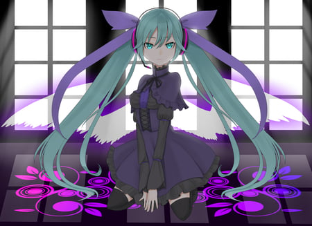 Angel Miku - beauty, hot, angel, wings, singer, aqua hair, anime girl, gothic, purple, idol, miku, aqua eyes, cute, hatsune miku, sexy, twintails, light, goth, white wings, tribel, hatsune, vocaloids, bow, headphones, vocaloid, beautiful, dress