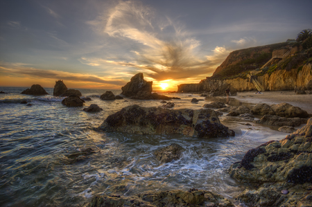 Sunset-HDR - nice, sky, beach, sun, photography, water, sunset, rocks, vacation, quiet, cool, man, clouds, romance, hdr, sand, ocean, lovely, nature, beautiful, sea