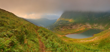 Landscape-HDR - quiet, landscape, grass, view, hdr, lake, nice, sky, water, fog, beautiful, photography, lovely, cool, sunset, mountains, rocks, pleasant