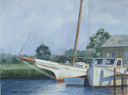 The Marina - boats, shack, marina, painting, dock, bay