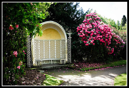 beautiful garden - arbor, beautiful, bench, flowers, garden