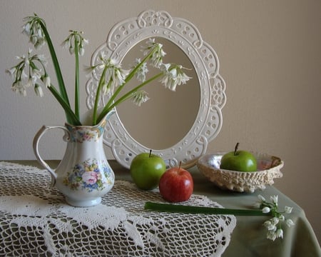 The Quiet Moment of Spring - flowers, still life, apples, vase, spring