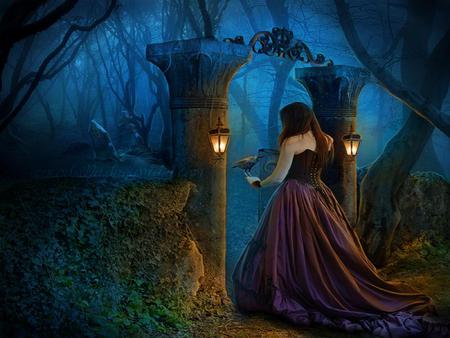 Forgotten Gate - gate, blue, beautiful, girl, night, forest, lantern, dark, fantasy, crow, purple, woman