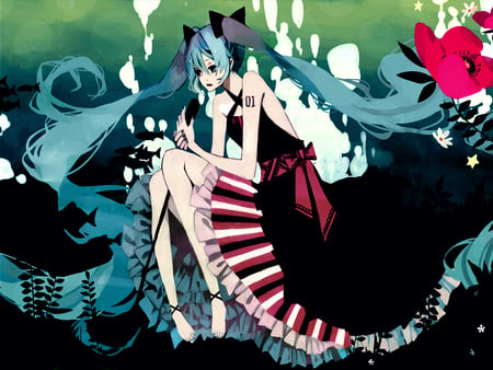 Hopeless - anime, vocaloid, water, dress, girl, flower, hair, miku, green, sing, 01, hatsune, song