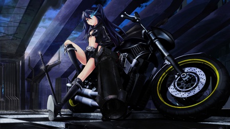 Black Rock Shooter - sword, black rock shooter, female, girl, motorcycle, boots