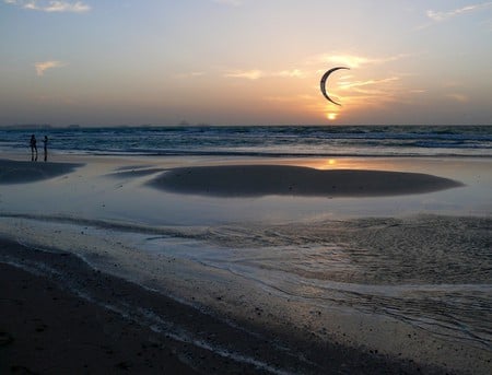 KITE SURFING - clouds, people, beach, surfing, ocean, sand, sunset, kite, sky