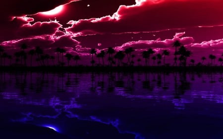 LOST PARADISE - moon, stars, sky, palm trees, ocean, paradise, night, clouds, pink