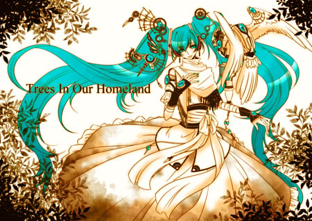 Trees In Our Homeland - aqua, music, anime girl, white, art, cool, aqua eyes, old, artistic, hatsune miku, branches, leavaes, song, vocaloids, program, eagle, vocaloid, beautiful, diva, dress, nice, beauty, trees, twintail, singer, aqua hair, black, virtual, brown, pretty, idol, anime, miku, cute, girl, white dress, cg, bird, hatsune, digital, awesome