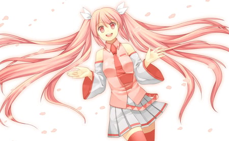 Sakura Miku - music, thighhighs, anime girl, white, art, cool, petals, artistic, pink eyes, hatsune miku, skirt, song, sakura miku, vocaloids, program, sakura, vocaloid, beautiful, pink, uniform, diva, nice, beauty, twintail, singer, virtual, pretty, grir, idol, anime, miku, cute, pink hair, hatsune, red, tie, awesome