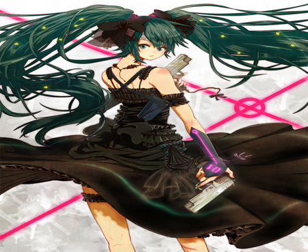 007 Guns - anime girl, female, guns, hot, tail hair, hatsune miku, necklace, miku, oo7 guns, black dress, cross, sexy, gloves