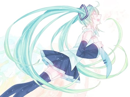 Singing - aqua, headset, thighhighs, music, anime girl, white, art, cool, petals, aqua eyes, artistic, hatsune miku, skirt, song, vocaloids, program, sakura, vocaloid, beautiful, pink, uniform, diva, beauty, nice, twintail, singer, aqua hair, black, virtual, painting, pretty, idol, anime, miku, cute, girl, drawing, hatsune, microphone, headphones, singing, tie, awesome, gray