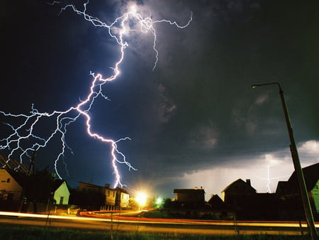 Storm - lightning, forces, village, night, darkness, little, storm, light, house, nature