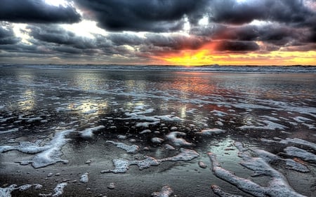 Sunset - foam, beach, reflection, sand, sky, storm, clouds, sunlight, beautiful, sea, stormy, beauty, colors, lovely, ocean, nature, sunset, rays, waves, peaceful