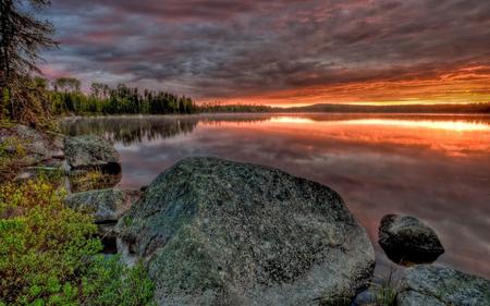 Sunset - rocks, beautiful, view, nature, sunset, colorful, pretty, water, beauty, peaceful, lake, sky, clouds, lovely, splendor, trees, colors