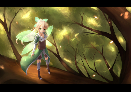 Fairy - green eyes, blonde hair, wings, tree, small, cute