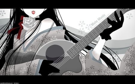 Mute Music - beauty, sexy, hot, rami, milfeulle, long hair, anime girl, black, white, beautiful, kimono, cute