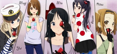 Each of Strawberry - anime, ponytail, long hair, yui, k-on, short hair, mugi, red, asuza, fruits, hat, strawberry, sweet, ritsu, manga, black hair, cute, mio