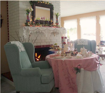 Fireside Tea Party - easter decoration, fireplace, tea party, living room