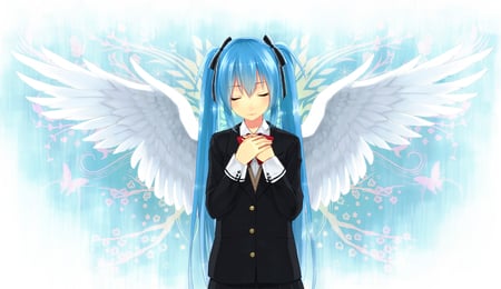 Angel Miku - aqua, angel, wings, music, anime girl, white, art, cool, petals, aqua eyes, artistic, hatsune miku, song, dream, vocaloids, program, bow, sakura, pink, beautiful, saihate, hope, uniform, diva, beauty, nice, twintail, singer, aqua hair, vocaloid anime, black, virtual, pretty, idol, miku, cute, girl, feathers, closed eyes, cg, heaven, hatsune, red, awesome, digital