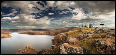 Dam Pchelina - stone, sky, photography, water, bulgaria, nature, cross, dam, church, clouds, architecture, photo, old, religious