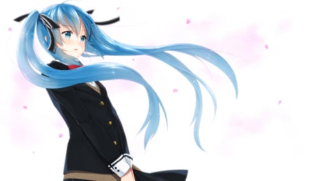 Hatsune Miku - aqua, music, anime girl, prett, white, art, cool, suit, petals, aqua eyes, artistic, hatsune miku, skirt, song, vocaloids, program, sakura, formal, bow, vocaloid, beautiful, saihate, uniform, diva, nice, beauty, twintail, singer, aqua hair, black, virtual, idol, anime, digtal, miku, cute, girl, cg, hatsune, awesome, flower