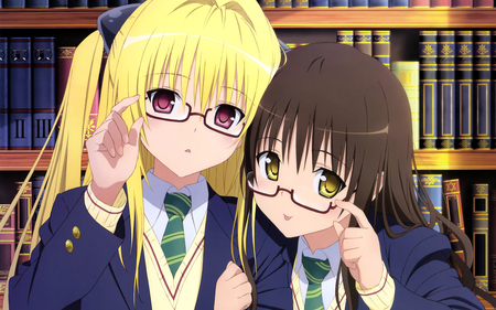 Yami & Mikan - library, mikan, school, long hair, to love ru, black hair, golden hair, books, anime, uniform, yami, manga, friend