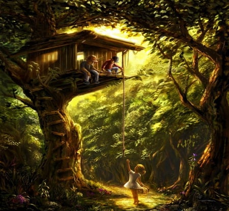 Supplies for the boys - abstract, sunlight, childhood, girl, forest, cg, fantasy, boys, cottage, wallpaper